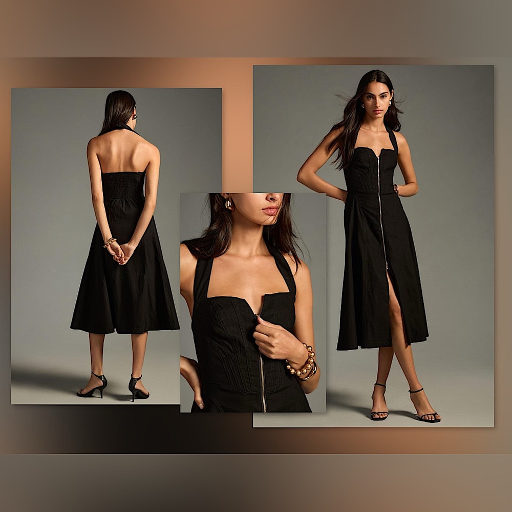🐦‍⬛Zip-Front Corset A-Line Midi Dress with Seamed Bodice in Black, 12, NWT✨